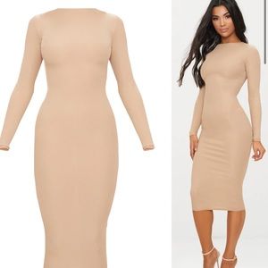 Stone Ribbed Long Sleeve Midi Dress